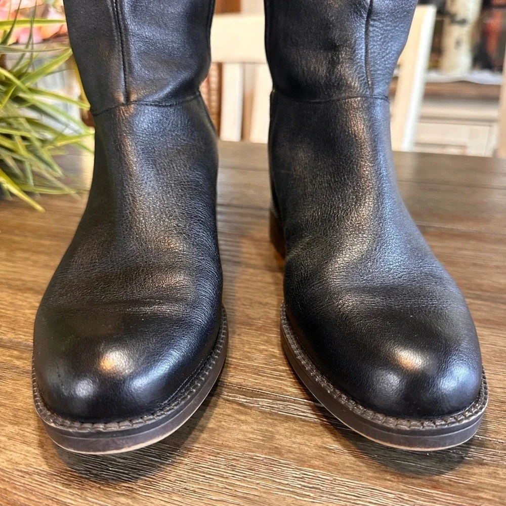 Franco‎ Sarto Black Leather Riding Tall Boots Zip Buckle Block Heel Womens 5.5
